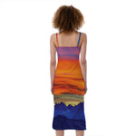 Sunset Mountain Print Slim Fit Midi Cami Dress