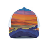 Sunset Mountain Print White Mesh Trucker Cap