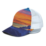 Sunset Mountain Print White Mesh Trucker Cap
