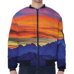 Sunset Mountain Print Zip Sleeve Bomber Jacket