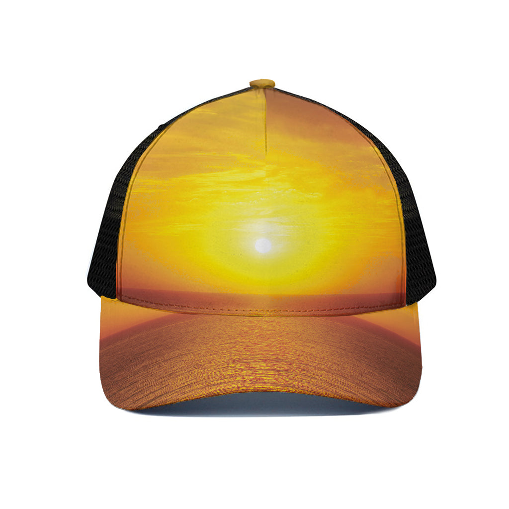 Sunset Over Sea Print Black Mesh Trucker Cap