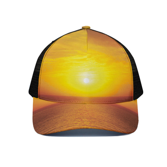 Sunset Over Sea Print Black Mesh Trucker Cap