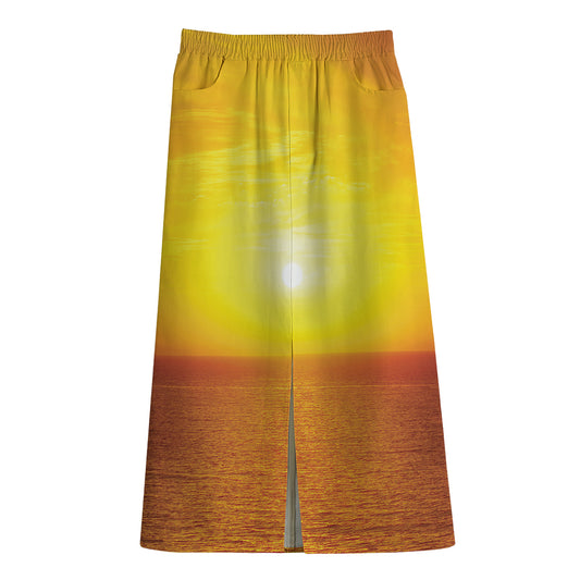 Sunset Over Sea Print Cotton Front Slit Maxi Skirt