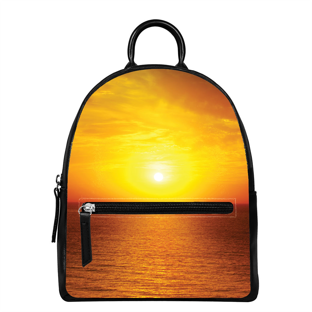 Sunset Over Sea Print Leather Backpack