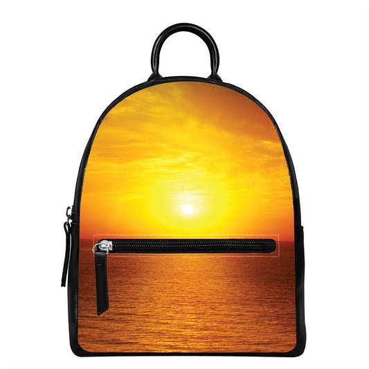 Sunset Over Sea Print Leather Backpack