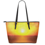 Sunset Over Sea Print Leather Tote Bag