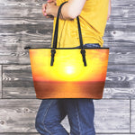 Sunset Over Sea Print Leather Tote Bag