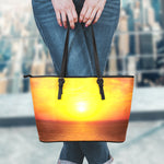 Sunset Over Sea Print Leather Tote Bag