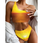 Sunset Over Sea Print One Shoulder Bikini Top