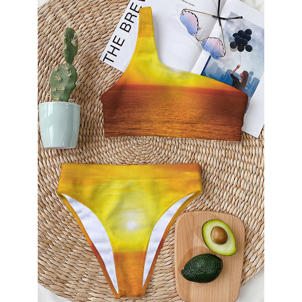 Sunset Over Sea Print One Shoulder Bikini Top