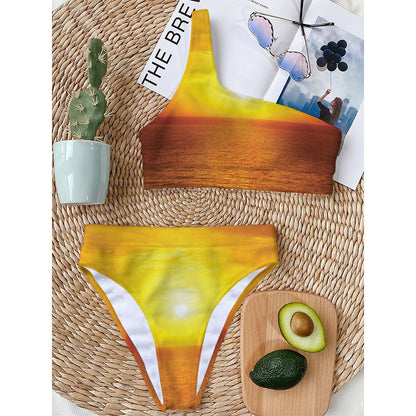 Sunset Over Sea Print One Shoulder Bikini Top