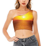 Sunset Over Sea Print One Shoulder Crop Top