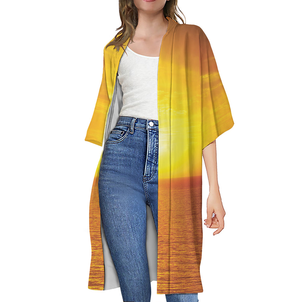 Sunset Over Sea Print Open Front Beach Cover Up