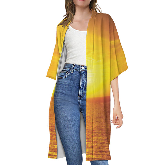 Sunset Over Sea Print Open Front Beach Cover Up
