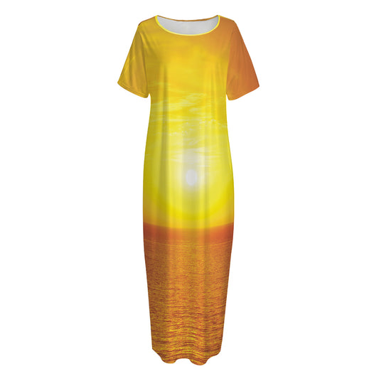 Sunset Over Sea Print Short Sleeve Long Nightdress