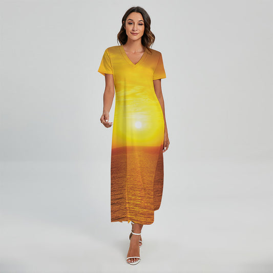 Sunset Over Sea Print Short Sleeve Maxi Dress