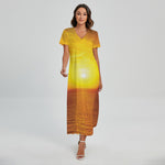Sunset Over Sea Print Short Sleeve Maxi Dress