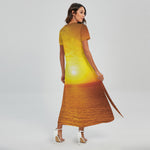 Sunset Over Sea Print Short Sleeve Maxi Dress