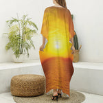 Sunset Over Sea Print Silk V-Neck Kaftan Dress