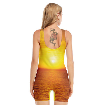 Sunset Over Sea Print Sleeveless One Piece Swimsuit