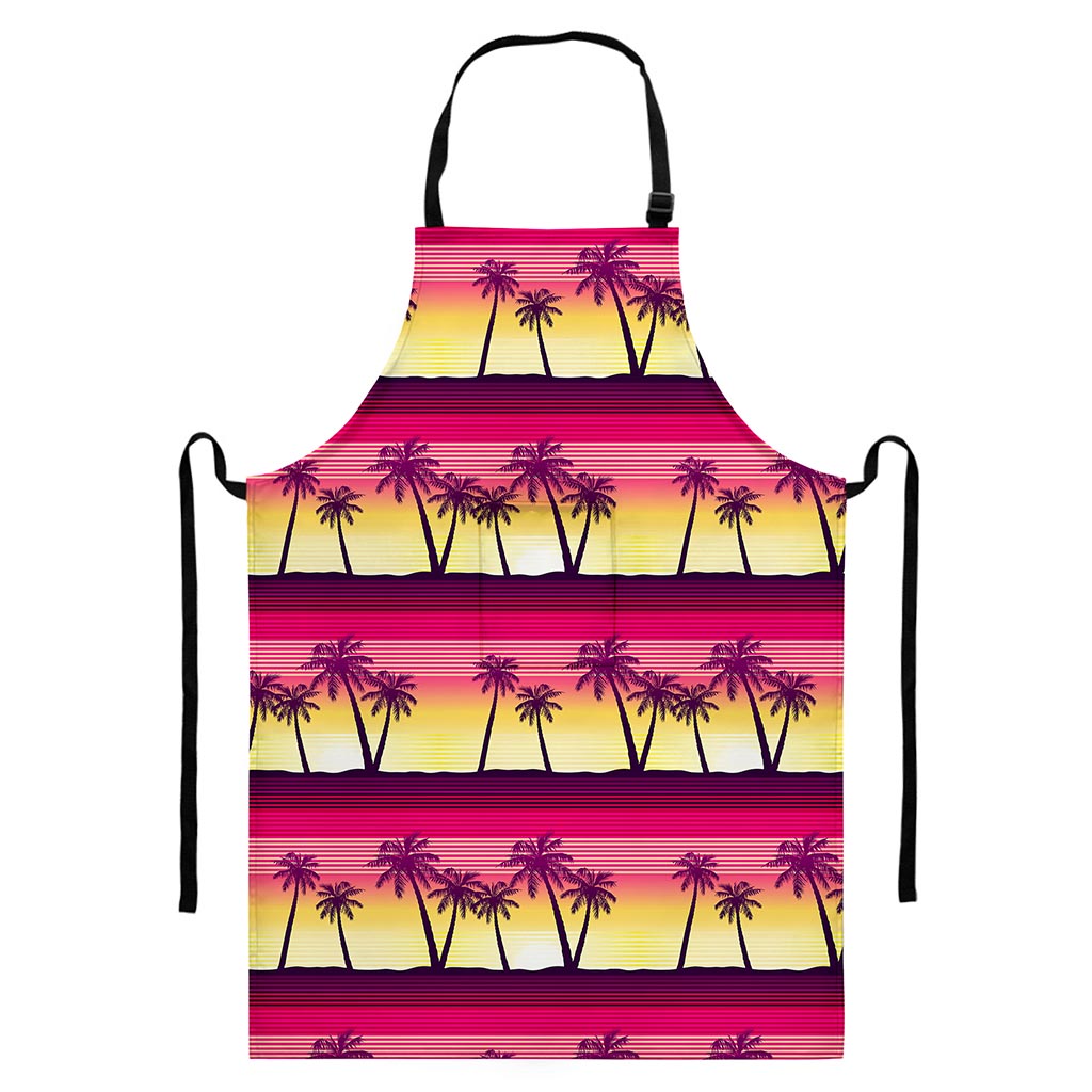 Sunset Palm Tree Pattern Print Bib Apron With Pocket