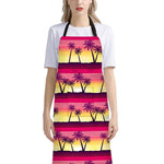 Sunset Palm Tree Pattern Print Bib Apron With Pocket