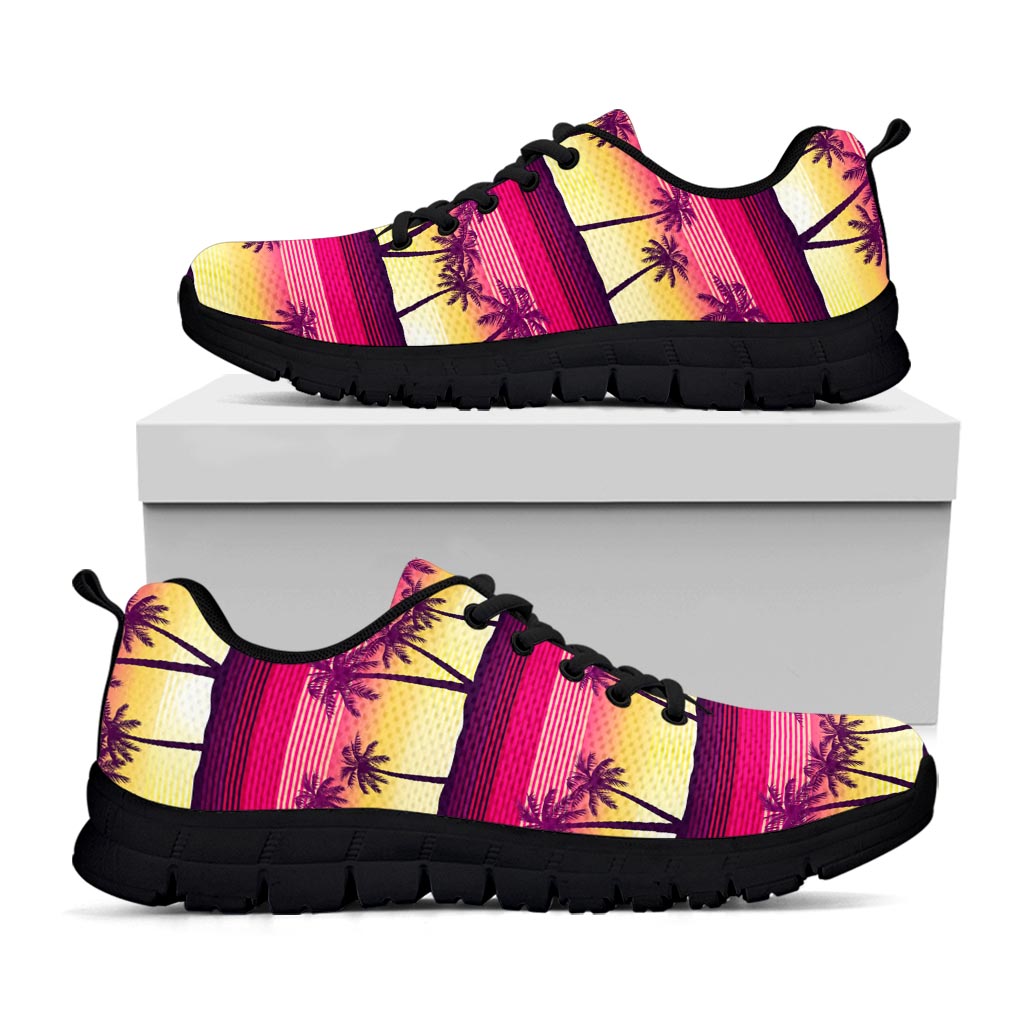 Sunset Palm Tree Pattern Print Black Running Shoes