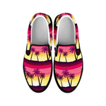 Sunset Palm Tree Pattern Print Black Slip On Sneakers