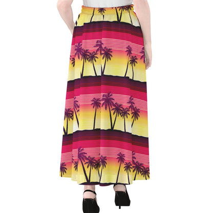 Sunset Palm Tree Pattern Print Chiffon Maxi Skirt