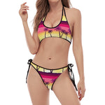Sunset Palm Tree Pattern Print Halter Scoop Tie Side Bikini