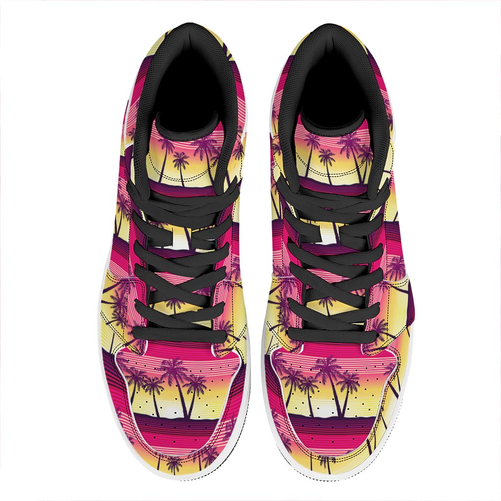 Sunset Palm Tree Pattern Print High Top Leather Sneakers