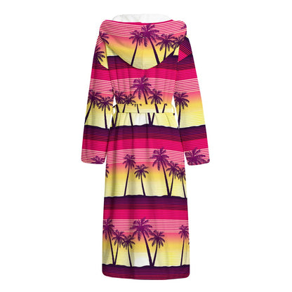 Sunset Palm Tree Pattern Print Hooded Bathrobe