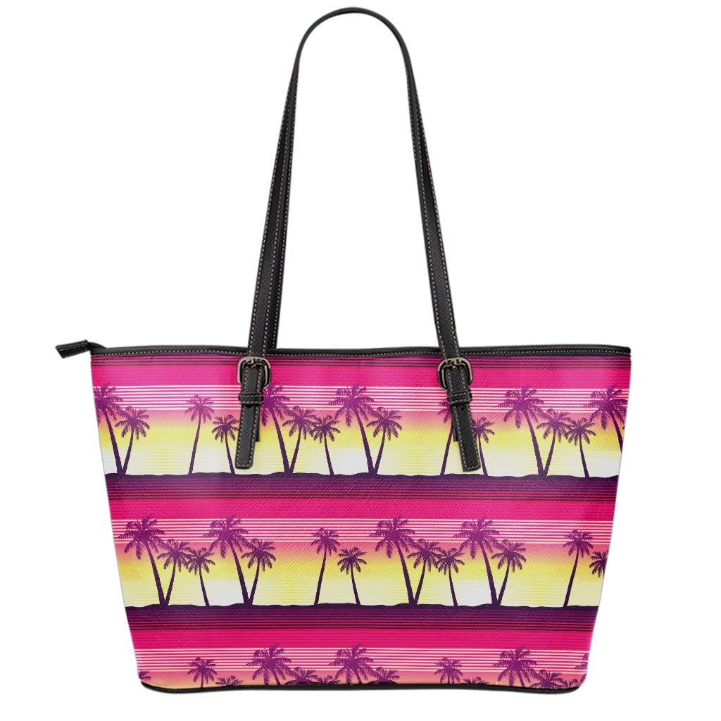 Sunset Palm Tree Pattern Print Leather Tote Bag