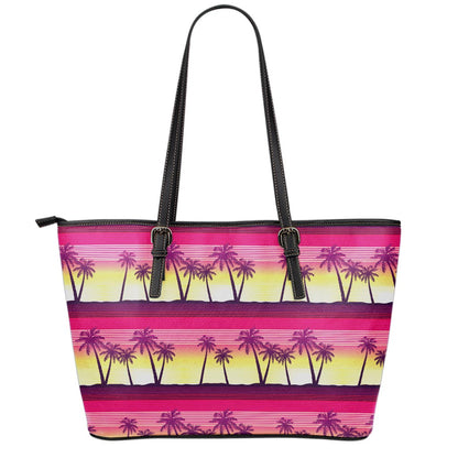 Sunset Palm Tree Pattern Print Leather Tote Bag