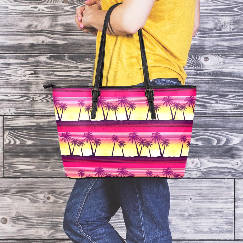 Sunset Palm Tree Pattern Print Leather Tote Bag