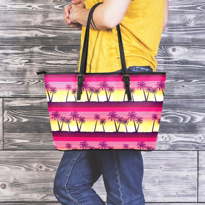 Sunset Palm Tree Pattern Print Leather Tote Bag