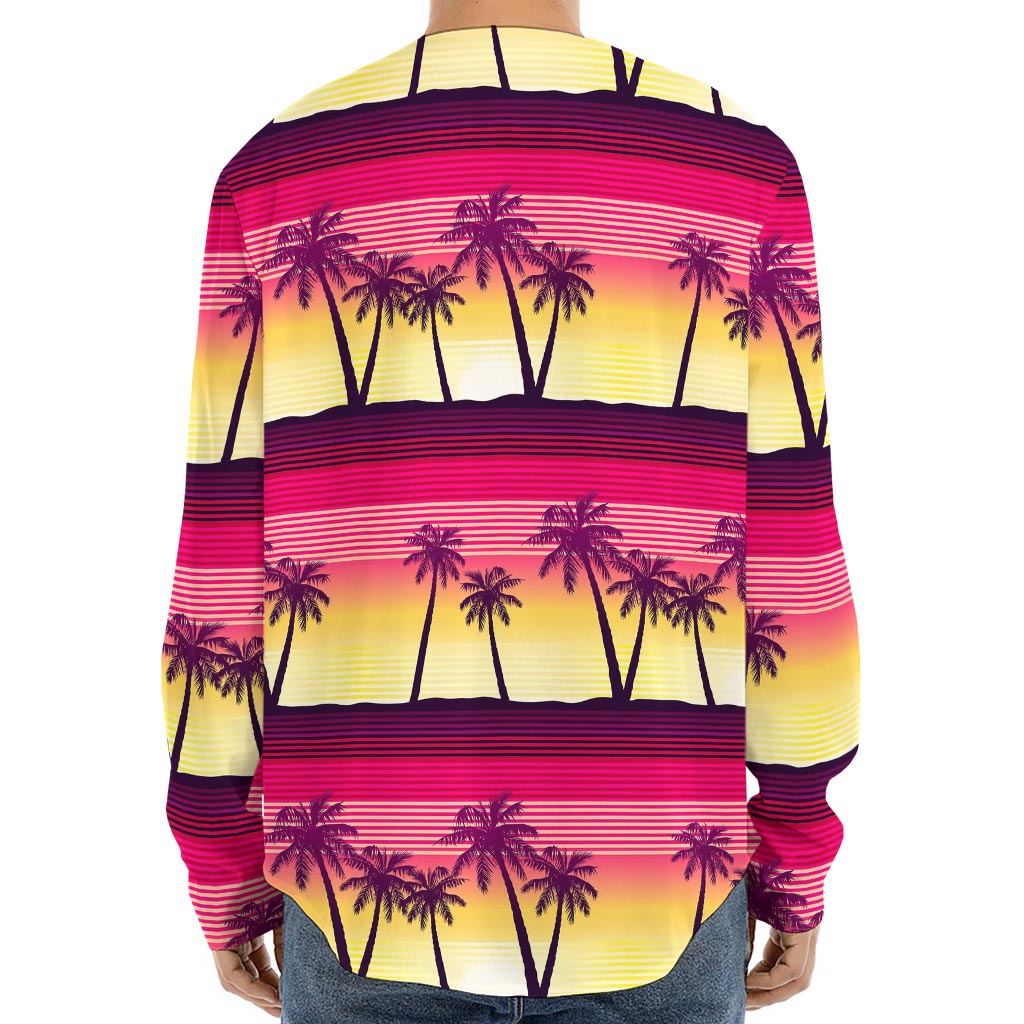 Sunset Palm Tree Pattern Print Long Sleeve Baseball Jersey