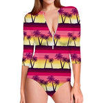 Sunset Palm Tree Pattern Print Long Sleeve Swimsuit