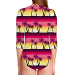 Sunset Palm Tree Pattern Print Long Sleeve Swimsuit