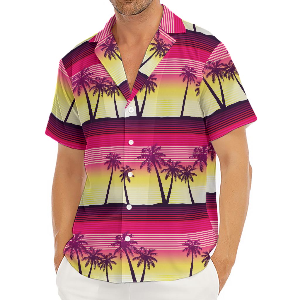 Sunset Palm Tree Pattern Print Men's Deep V-Neck Shirt