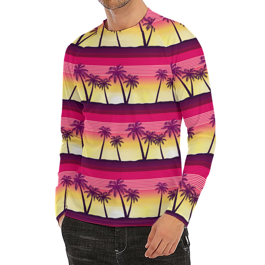 Sunset Palm Tree Pattern Print Men's Long Sleeve Rash Guard