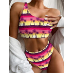 Sunset Palm Tree Pattern Print One Shoulder Bikini Top