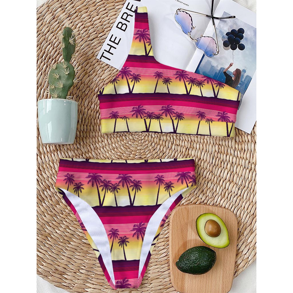 Sunset Palm Tree Pattern Print One Shoulder Bikini Top