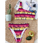 Sunset Palm Tree Pattern Print One Shoulder Bikini Top