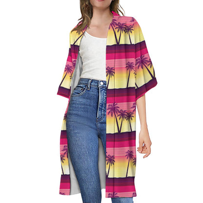 Sunset Palm Tree Pattern Print Open Front Beach Cover Up