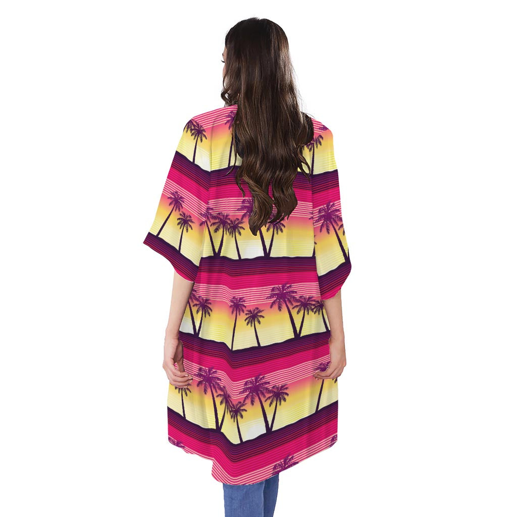 Sunset Palm Tree Pattern Print Open Front Beach Cover Up