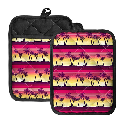 Sunset Palm Tree Pattern Print Pot Holders With Pocket