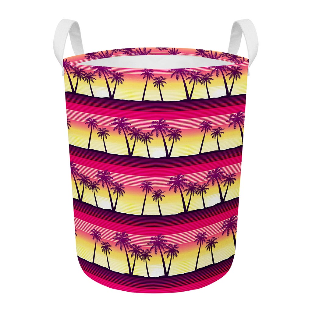 Sunset Palm Tree Pattern Print Round Laundry Basket