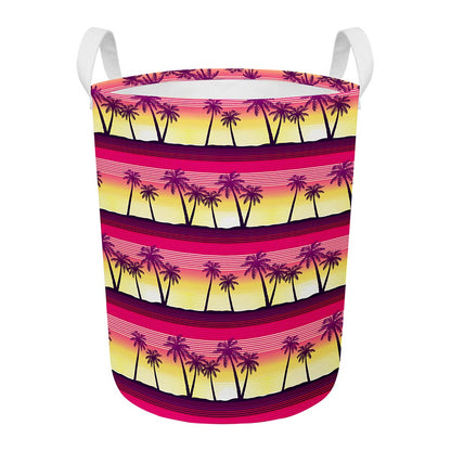 Sunset Palm Tree Pattern Print Round Laundry Basket