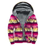 Sunset Palm Tree Pattern Print Sherpa Lined Zip Up Hoodie